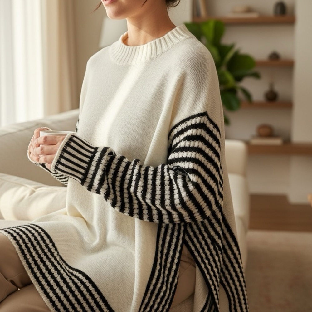 Boho Knit Sweater Oversized Black@White Stripes - Picture 11 of 12